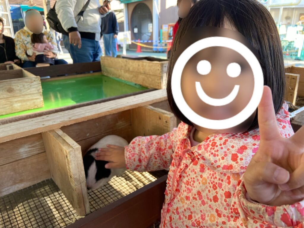 モルモットをなでながらピースする子供